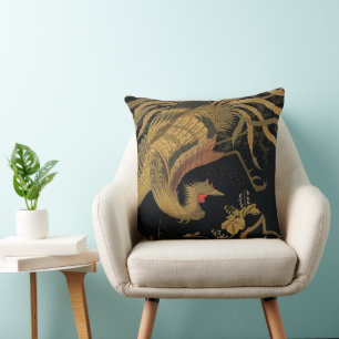 Golden Rooster Bird Japanese Classic Antique Cushion