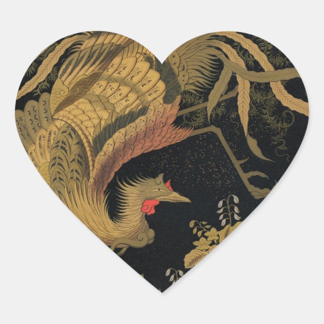 Golden Rooster Bird Japanese Classic Antique Heart Sticker (Front)