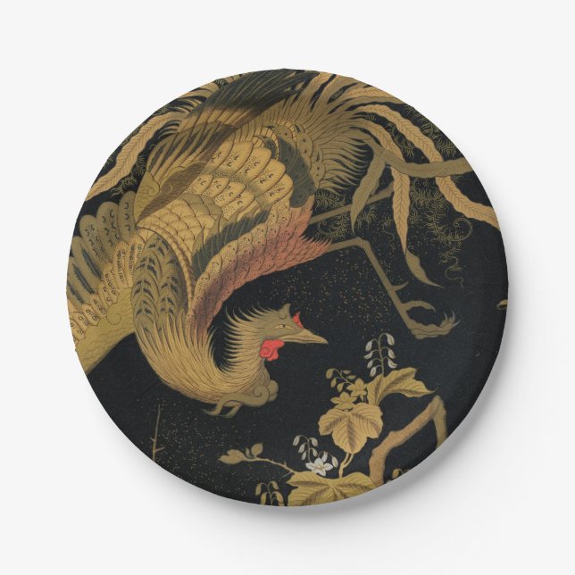 Golden Rooster Bird Japanese Classic Antique Paper Plate (Front)