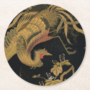 Golden Rooster Bird Japanese Classic Antique Round Paper Coaster