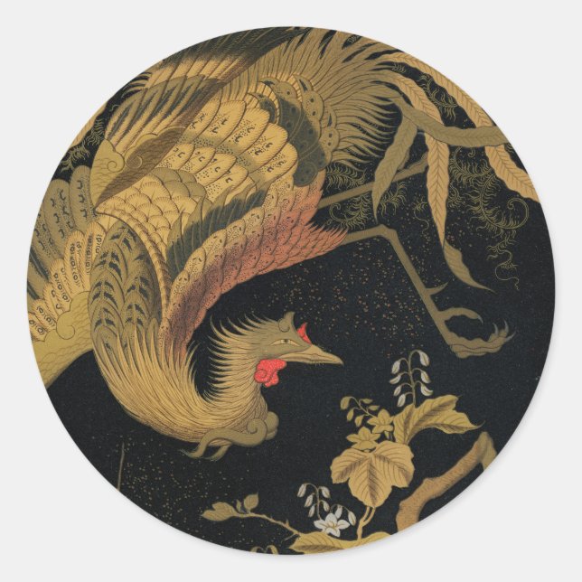 Golden Rooster Bird Japanese Classic Antique Round Sticker (Front)