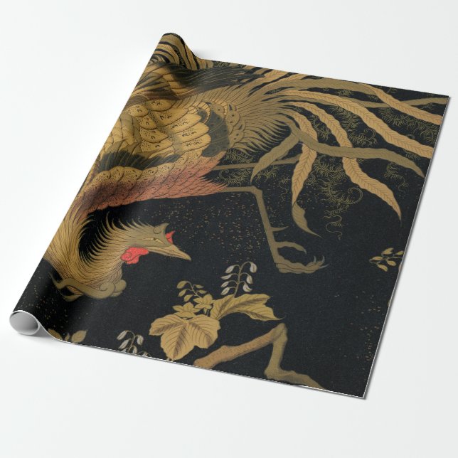 Golden Rooster Bird Japanese Classic Antique Wrapping Paper (Unrolled)