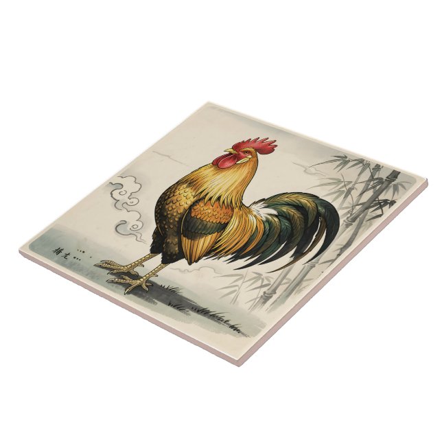 Golden rooster Japanese art Ceramic Tile (Side)