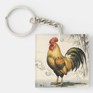 Golden rooster Japanese art Key Ring