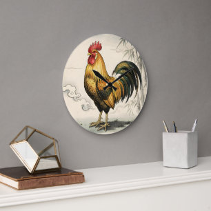 Golden rooster Japanese art Large Clock