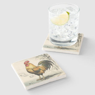 Golden rooster Japanese art Stone Coaster