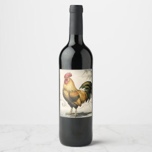 Golden rooster Japanese art Wine Label