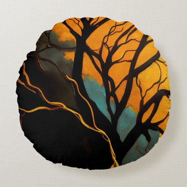 Golden Roots and Twilight Tree Round Cushion (Front)