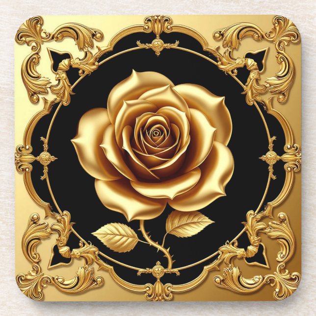 Golden Rose Artwork with Ornate Decorative Element Coaster (Front)