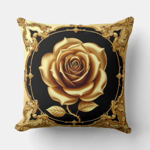 Golden Rose Artwork with Ornate Decorative Element Cushion