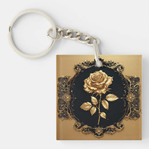 Golden Rose Artwork with Ornate Decorative Element Key Ring