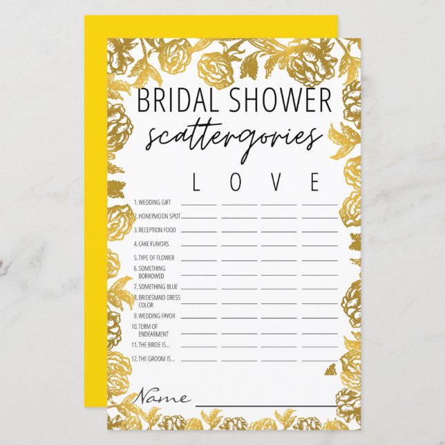 Golden Rose Bridal Shower Scattergories Game  (Front/Back)