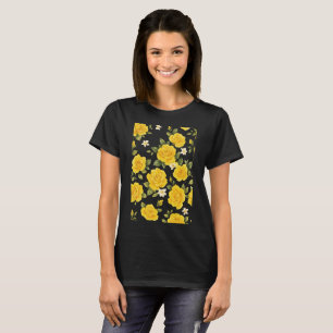 Golden Rose Elegance on Black T-Shirt