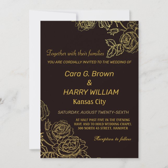 Golden Rose Floral Wedding Invitation (Front)