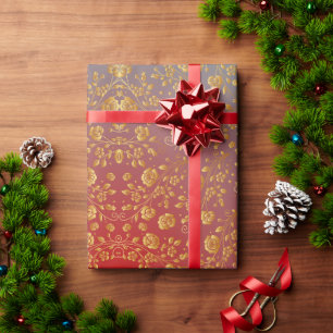 Golden Rose Floral with Red & Blue Gradient Gift Wrapping Paper
