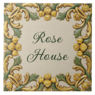 Golden Rose Flowers Custom House Name Plaque Ceramic Tile