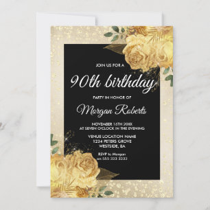 Golden Rose Glitter Floral 90th Birthday Party Invitation