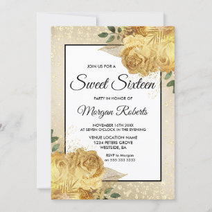 Golden Rose Glitter Floral Sweet 16 Invite