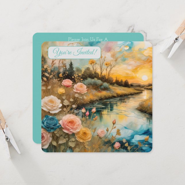 Golden Rose River Valley Sunrise Bridal V Invitation (Front/Back In Situ)