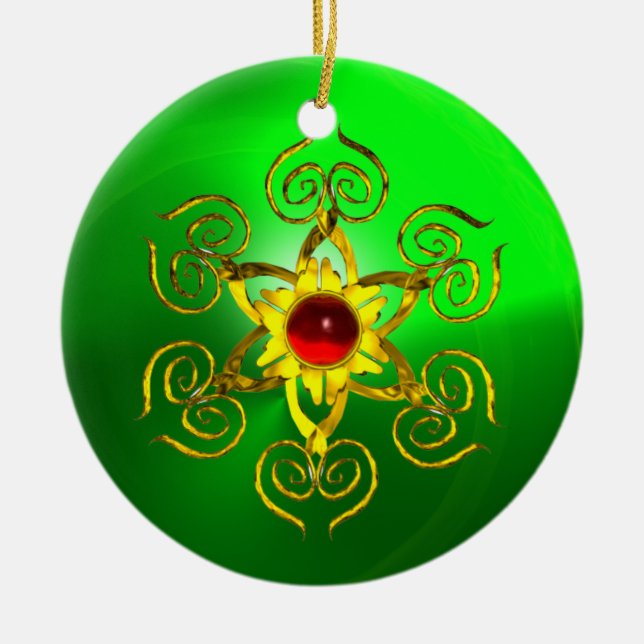 GOLDEN ROSE RUBY Green Emerald Ceramic Tree Decoration (Front)