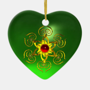 GOLDEN ROSE RUBY ,Green Emerald Heart Ceramic Ornament