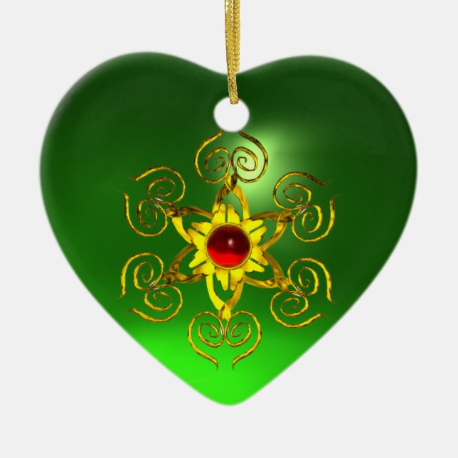 GOLDEN ROSE RUBY ,Green Emerald Heart Ceramic Ornament (Front)