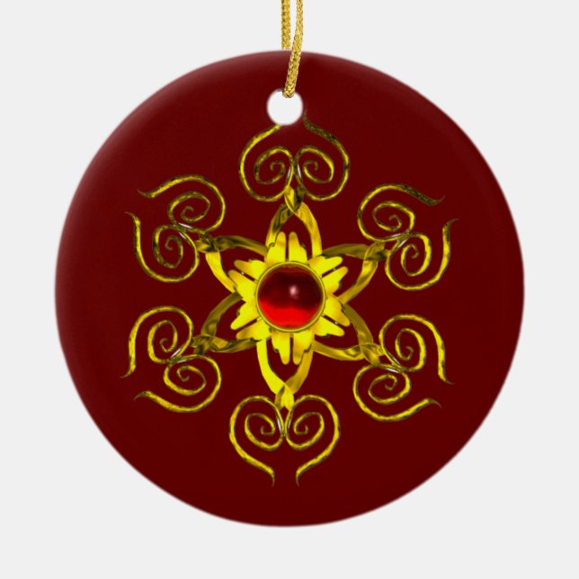 GOLDEN ROSE RUBY ,Red and Green Ceramic Tree Decoration (Front)