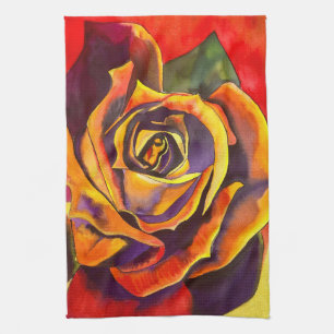 Golden Rose watercolor art Tea Towel