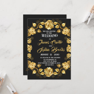 Golden rose wedding invitation