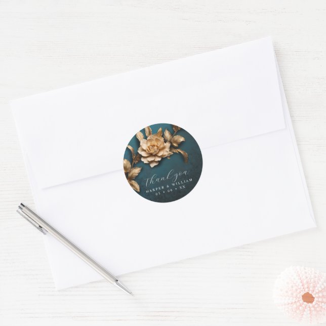 Golden rose wedding thank you classic round sticker (Envelope)