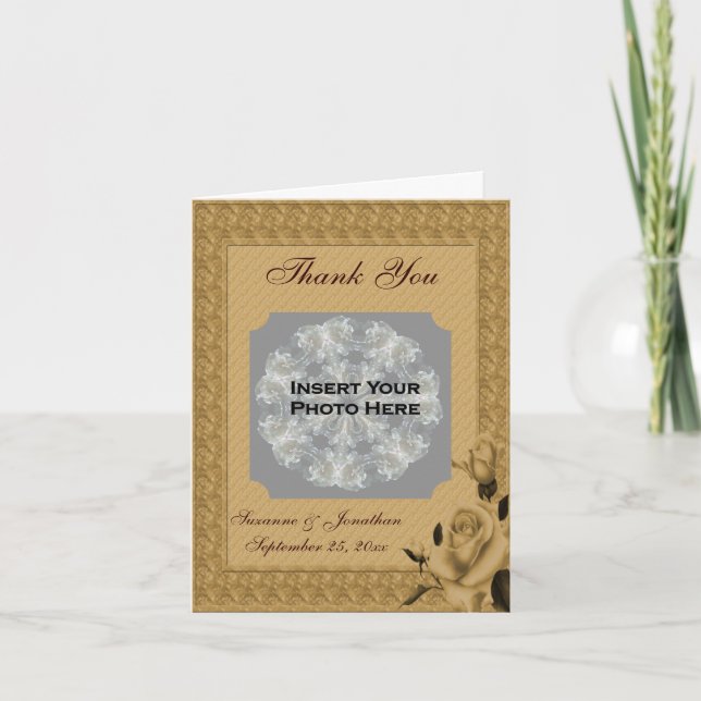Golden Rosebuds Personalised Wedding Photo  Thank You Card (Front)