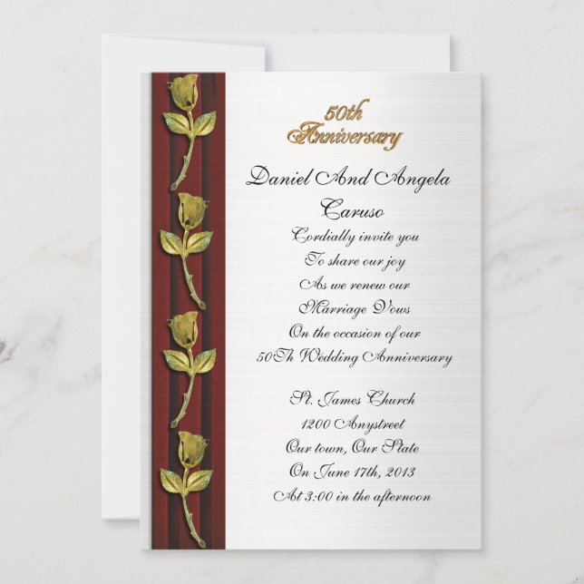 Golden roses, 50th Anniversary vow renewal Invitation (Front)