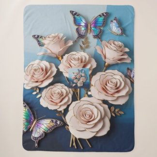 "Golden Roses & Butterflies in 3D: Elegance on Bl Sherpa Blanket