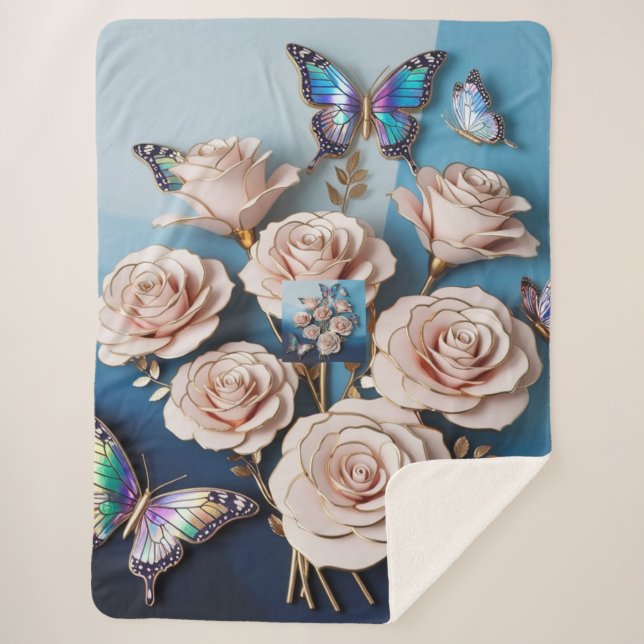  "Golden Roses & Butterflies in 3D: Elegance on Bl Sherpa Blanket (Front)