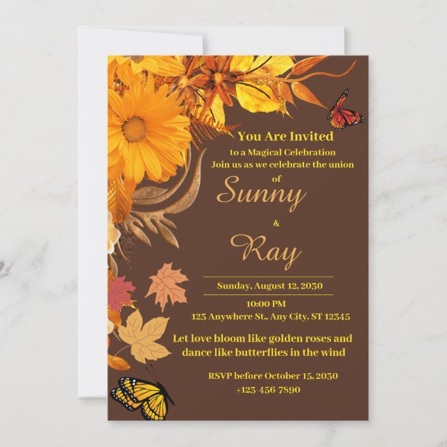 Golden Roses & Butterflies Wedding Invitation (Front)