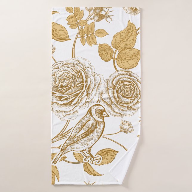 Golden roses,  flowers,  leaves and berries of dog bath towel (Bath Towel)