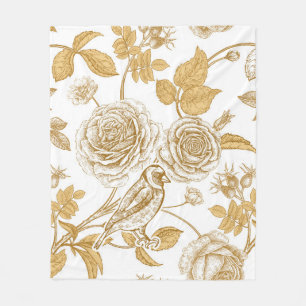 Golden roses, flowers, leaves and berries of dog fleece blanket