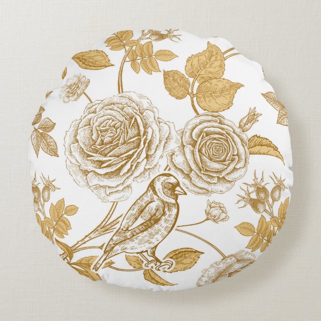 Golden roses,  flowers,  leaves and berries of dog round cushion (Front)