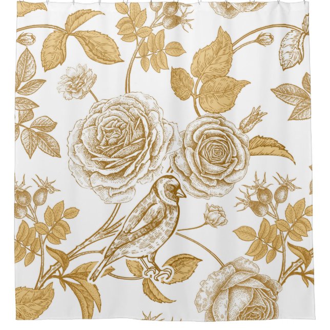Golden roses,  flowers,  leaves and berries of dog shower curtain (Front)