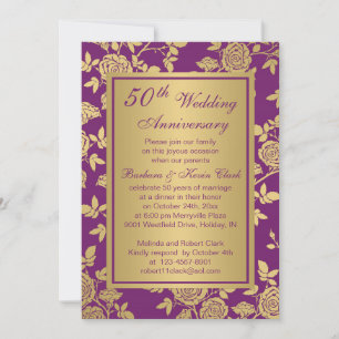 Golden roses on purple 50th Anniversary Invitation