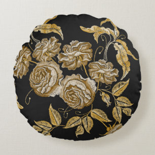 Golden Roses: Vintage Embroidery Pattern Round Cushion