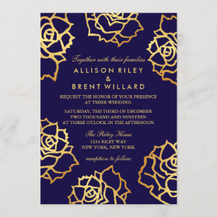 Golden Roses Wedding Invitation - Blue