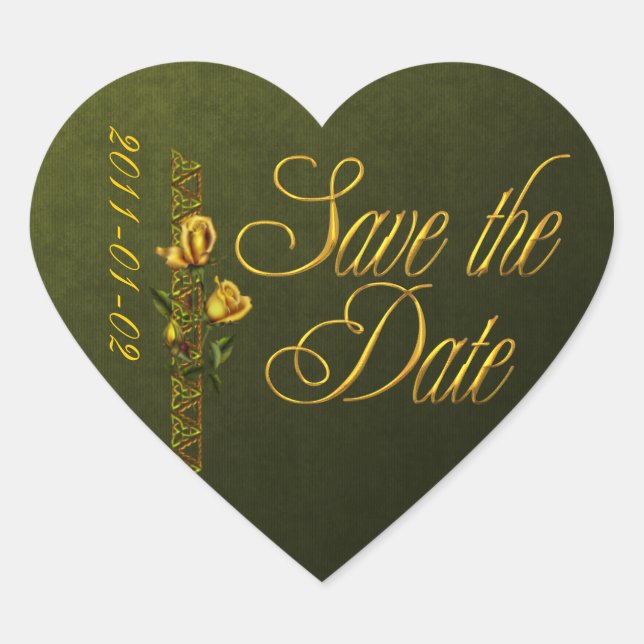 Golden Roses Wedding Suite Save the Date Heart Sticker (Front)
