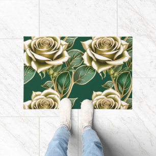Golden Roses With Emerald Green Leaves  Doormat