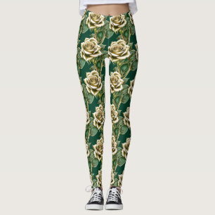 Golden Roses With Emerald Green Leaves  Leggings