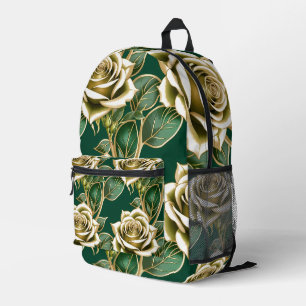 Golden Roses With Emerald Green Leaves  Printed Backpack