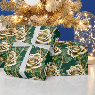 Golden Roses With Emerald Green Leaves Wrapping Paper