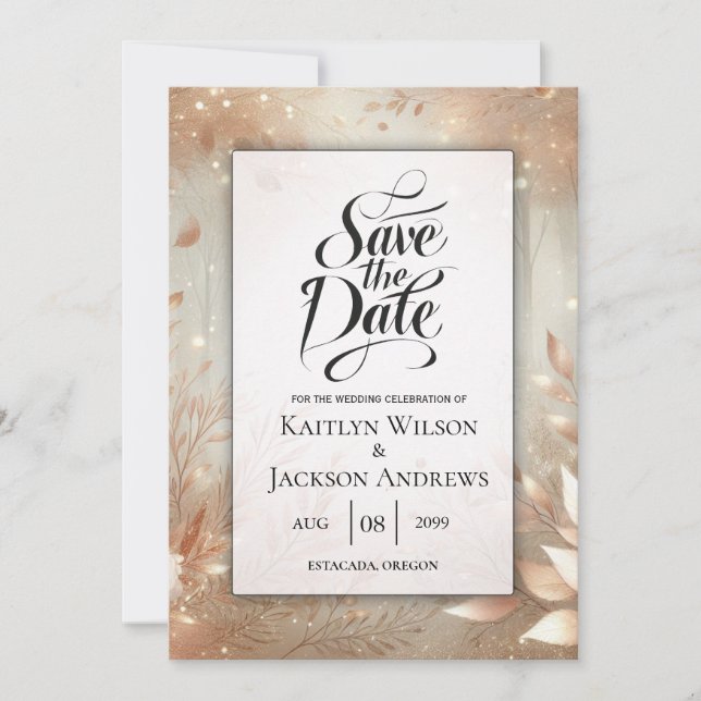  Golden Rosewood Enchanted Forest Wedding Save The Date (Front)