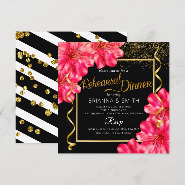 Golden Rosy Floral Calligraphy Rehearsal Dinner Invitation (Front/Back)