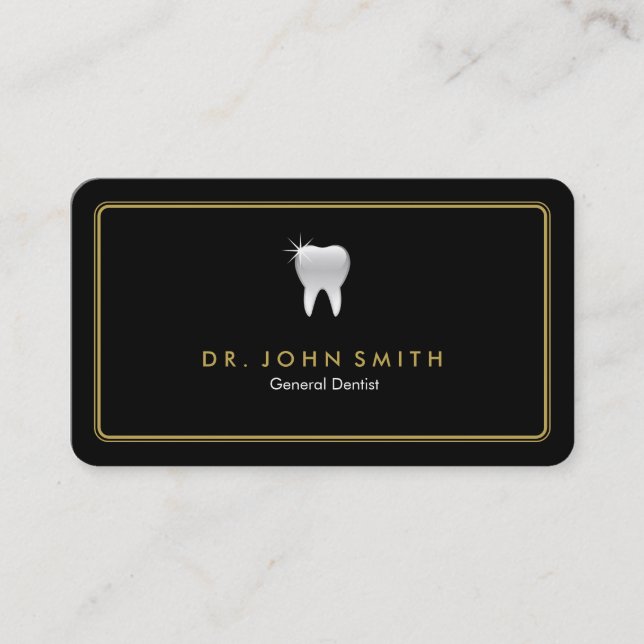 Golden Rounded Frame Black Tooth Dental Appointment Card (Front)